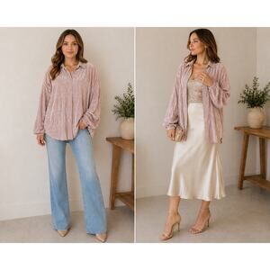 YICI Blush Crinkle Button Down Shirt Womens Small Oversized Long Sleeve Top NWT